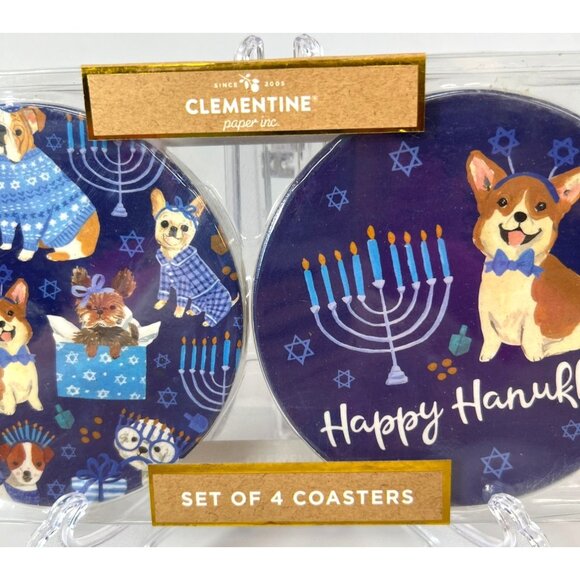Clementine Paper Inc. Happy Hanukkah Corgi Coasters Set Of 4, Stone - Picture 2 of 4